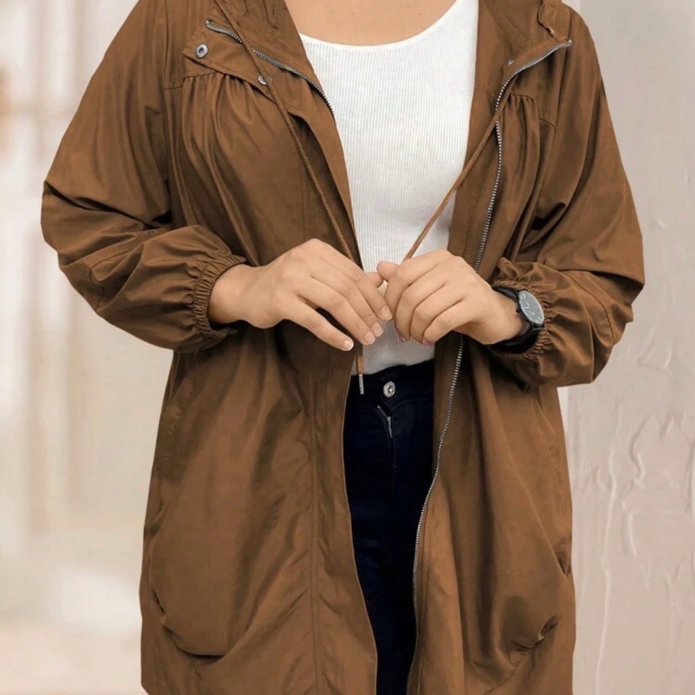 SHEIN Plus Size Hooded Zipper Jacket With Pockets, Long Sleeve Windbreaker Coat